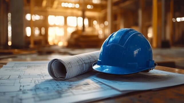 create an image of flat blueprints and rolled blueprints on a table with a blue hard hat laying on top