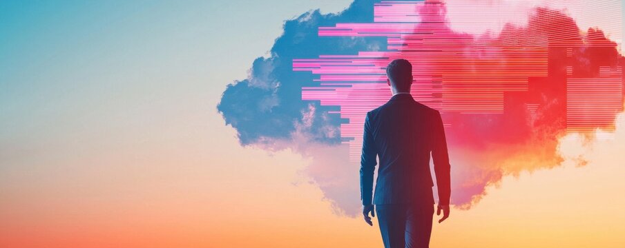 A professional standing against a colorful digital cloud, symbolizing innovation and visionary thinking in a modern landscape.