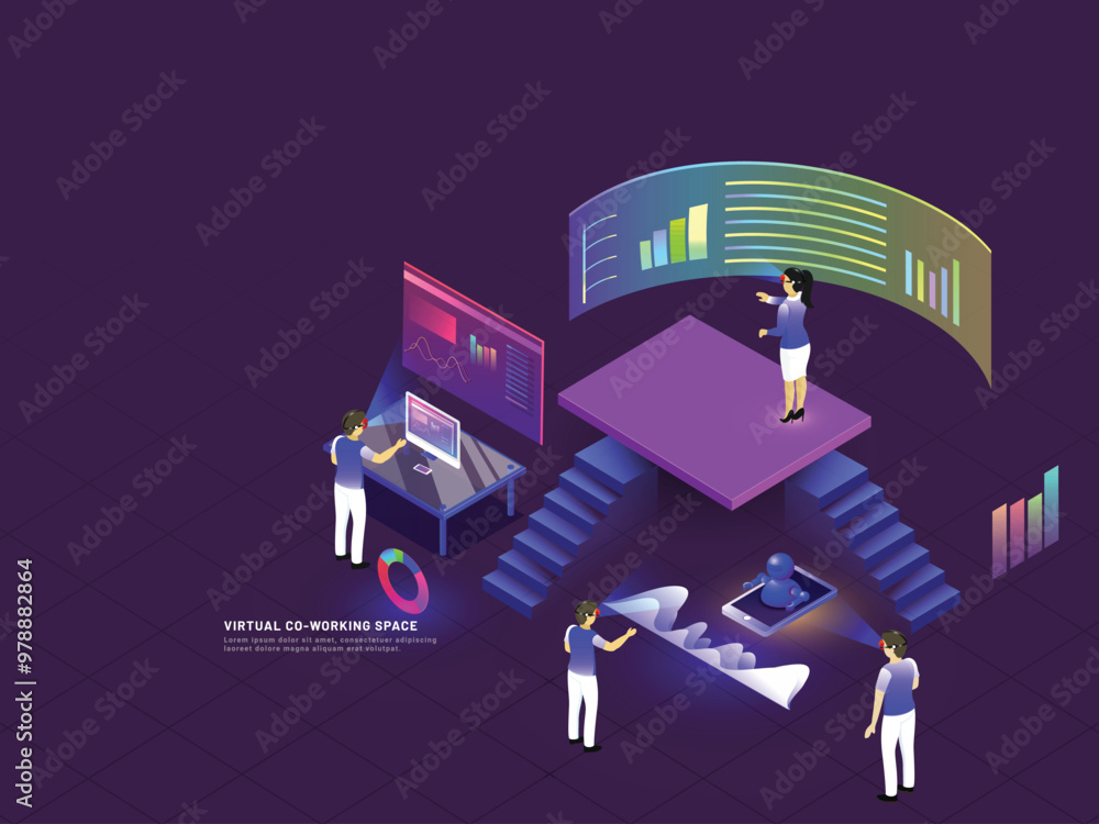 Poster remote co-working concept based isometric illustration with miniature people performing same task at