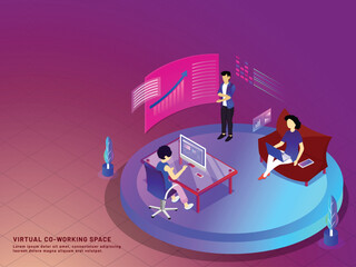 People working together through internet, Virtual Co-Working concept based isometric design.
