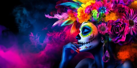 Colorful Catrina for Día de los Muertos, Day of the dead. Neon colors. Traditional, religious and mexican celebration.	