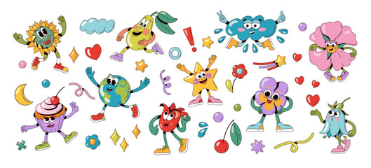 Groovy cartoon characters. Cute 70s 80s retro comic abstract groovy figures, colorful funny doodle psychedelic people with different emotions. Vector isolated set.eps