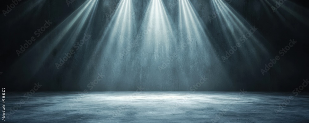 Poster a dramatic scene with multiple beams of light illuminating a dark space, ideal for showcasing talent