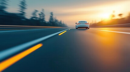 Obraz premium An AI-powered self-driving car on a futuristic highway, with glowing paths indicating its route, symbolizing autonomous transportation