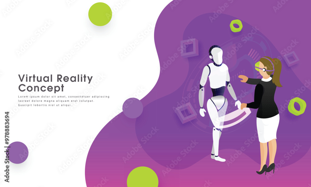 Poster responsive web template design, girl management data process of a humanoid robot through vr glasses 