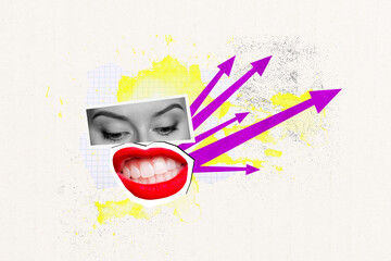 Composite photo collage of angry girl cutout pieces surgery eyes grin mouth teeth aggression arrow...