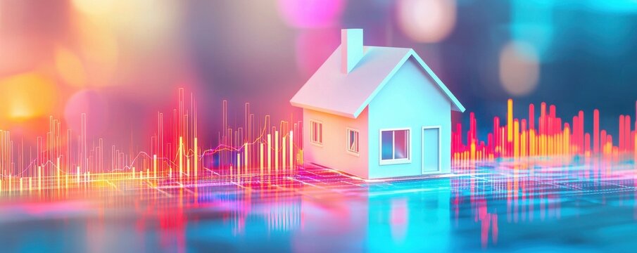 A vibrant depiction of a house with colorful audio wave graphics, symbolizing real estate trends and market analysis.