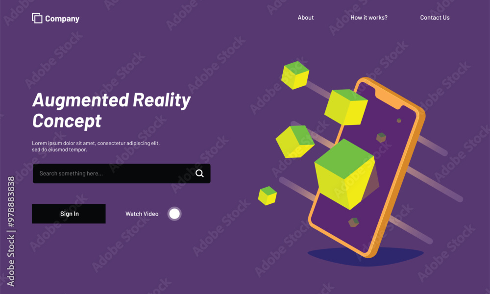 Poster isometric smartphone with blocks, responsive landing page for augmented reality (ar) concept.