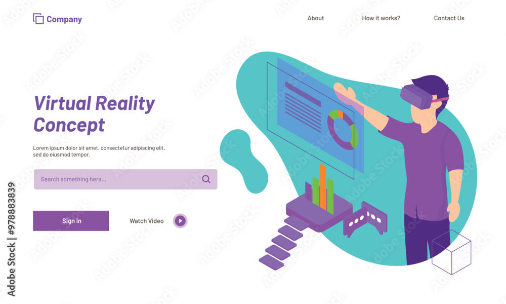 Poster businessman anaysis data through vr glasses, responsive web template design for virtual reality conc