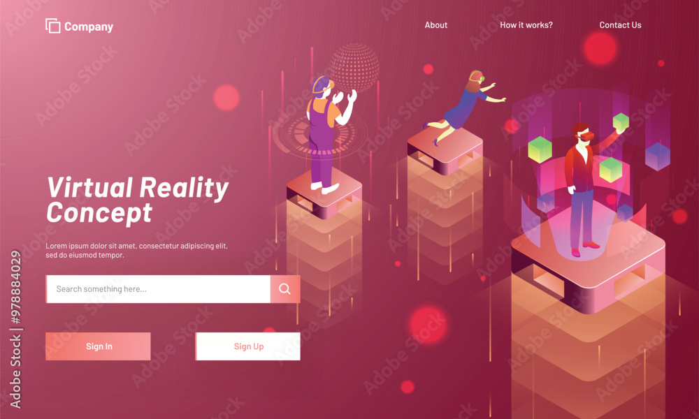 Poster virtual reality concept based landing page design with character of men and lady on top of isometric