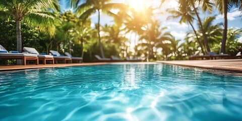 Fototapeta premium Tropical Paradise Resort Pool with Sunlit Palm Trees and Wooden Deck