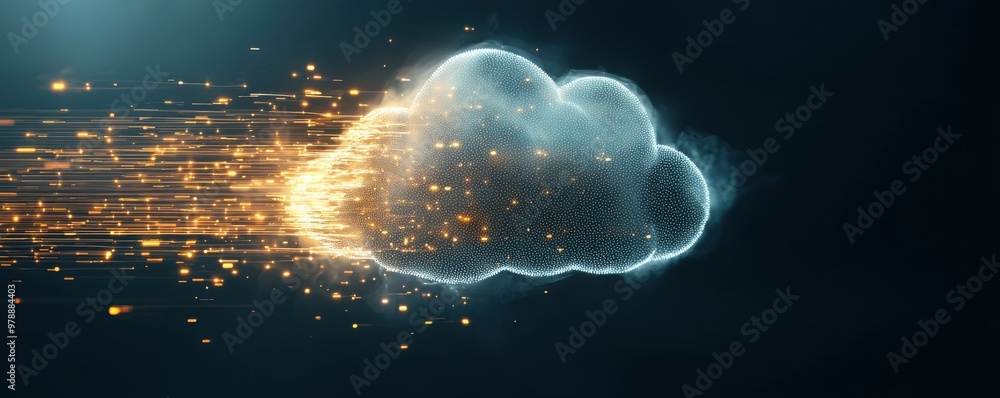 Poster a dynamic cloud element with sparks illustrating movement and energy against a dark background.