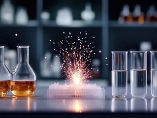 A chain reaction in a lab experiment, starting with a single spark, emphasizing the sequence of events, reaction  action  chain