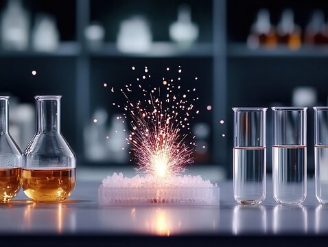 A chain reaction in a lab experiment, starting with a single spark, emphasizing the sequence of events, reaction  action  chain