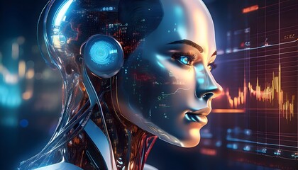 The concept of AI, a robot brain that will replace humans. A 3D rendering of a humanoid robot's face with a brain built from a circuit board with commands from Ai.
