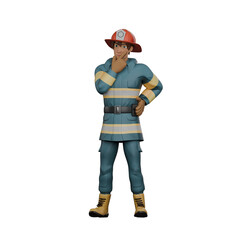 Animated Male Firefighter. A firefighter stands with his right hand on his chin while his left hand is on his waist. 3D Emergency Professional