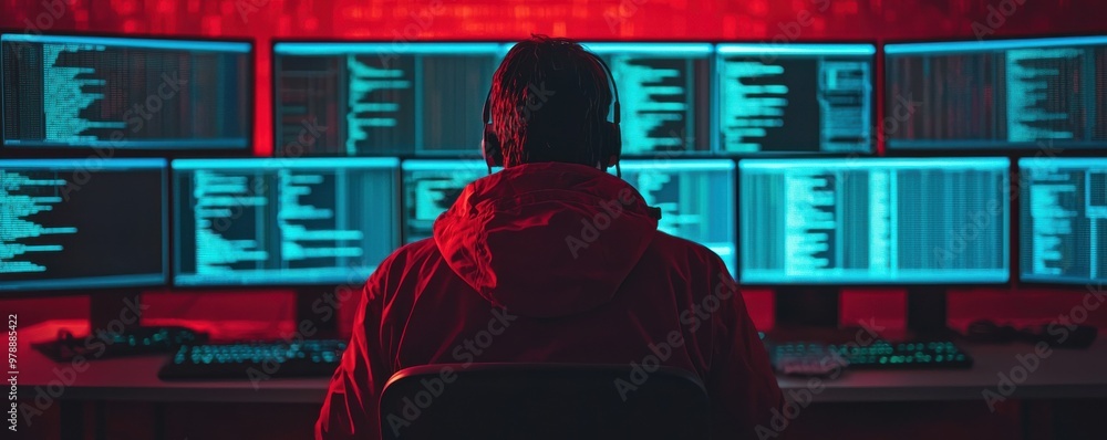 Poster a person in a hoodie sits before multiple screens displaying code, set against a dramatic red and bl