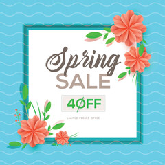 Spring sale template or poster design with discount offer and decorative paper flowers.