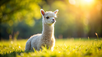 Fototapeta premium Adorable baby alpaca sitting in a sunny field , alpaca, cute, fluffy, animal, baby animal, farm, sweet, young, fur
