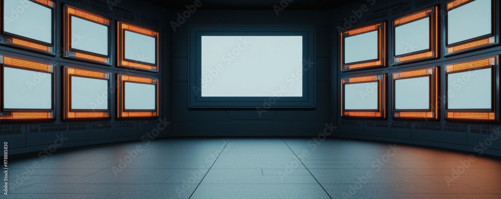 Poster futuristic room with multiple screens and a central display, perfect for presentations and digital c