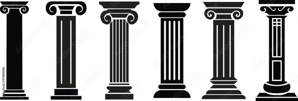 Poster Set of Ancient pillar or Column icons. Elegant classic roman, Greek architecture Flat silhouette column. Law Marble Sculpture. Symbols elements for infographic web isolated on transparent background.