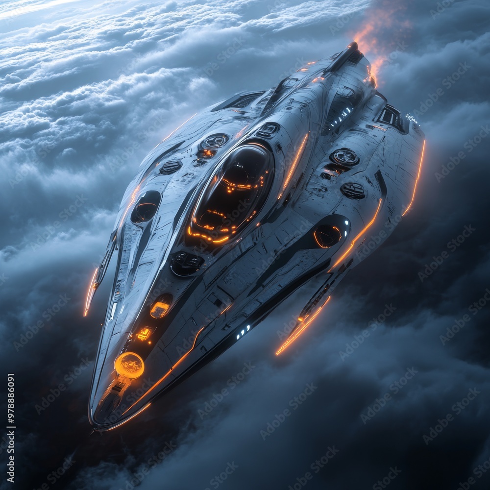 Poster futuristic spaceship flying above clouds