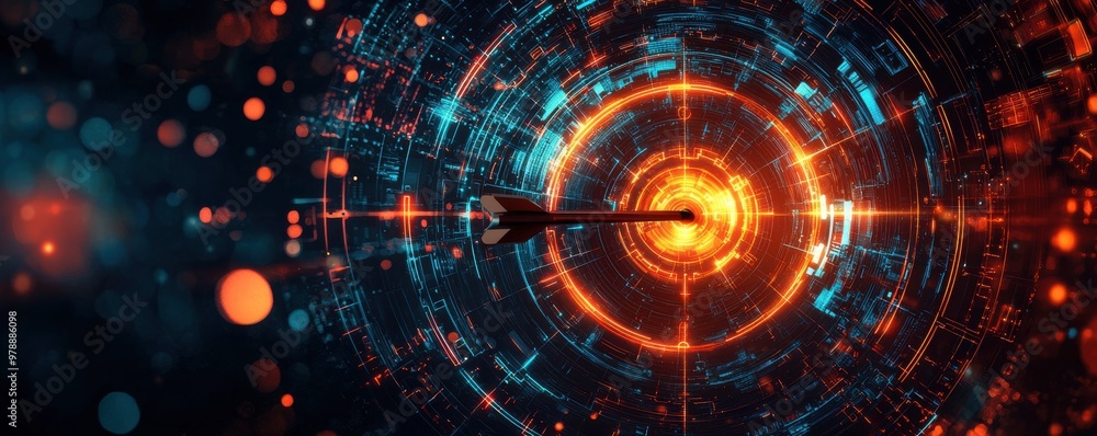 Poster a vibrant digital abstract featuring a glowing target and an arrow, symbolizing precision and focus 