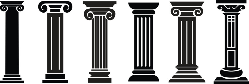 Set of Ancient pillar or Column icons. Elegant classic roman, Greek architecture Flat silhouette column. Law Marble Sculpture. Symbols elements for infographic web isolated on transparent background.