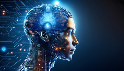 The concept of AI, a robot brain that will replace humans. A 3D rendering of a humanoid robot's face with a brain built from a circuit board with commands from Ai.