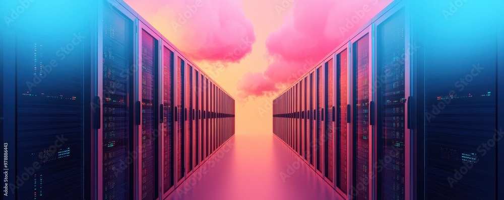 Poster a futuristic data center with vibrant colors and clouds, representing advanced technology and innova