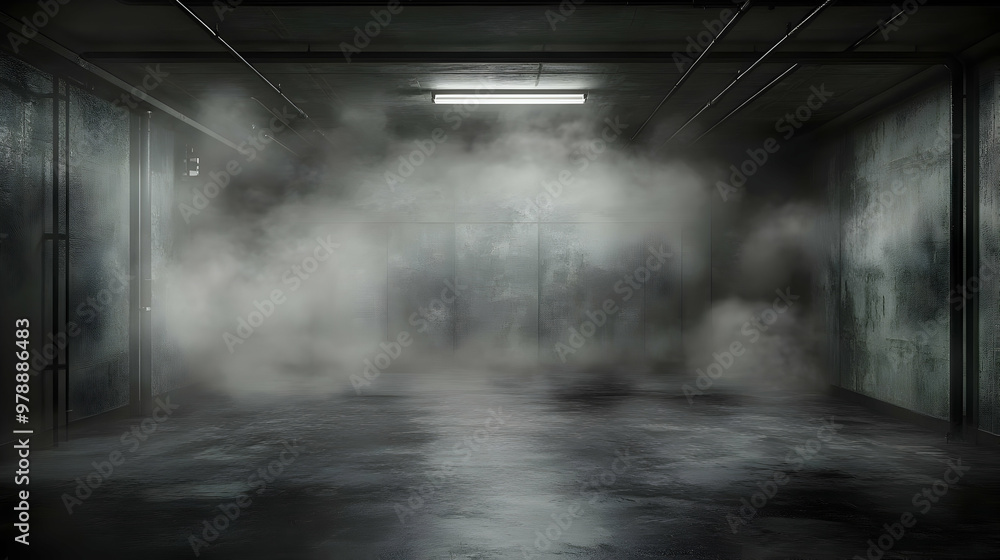 Aufkleber a 3d render of a dark and moody concrete room with fog and a single light source