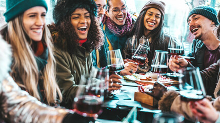 Happy multiracial friends toasting red wine at restaurant balcony - Group of young people wearing winter clothes having fun at winebar table - Dining life style and friendship concept