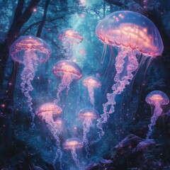 Obraz premium Glowing Jellyfish in Enchanted Forest