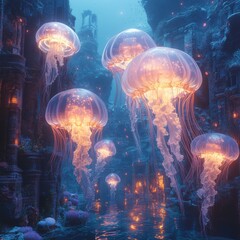 Fototapeta premium Bioluminescent Jellyfish in Underwater Ruins