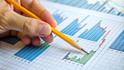 Close-up of hand with pencil analyzing financial chart , business, hand, pencil, analyzing, financial, chart, data