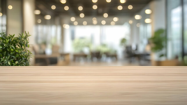 A Light Wooden Table Top with a Blurred Background of a Modern Interior Design with Bright Lights in the Ceiling, Green Plants, and Windows