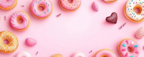 Pink glazed donuts with sprinkles on pink background.