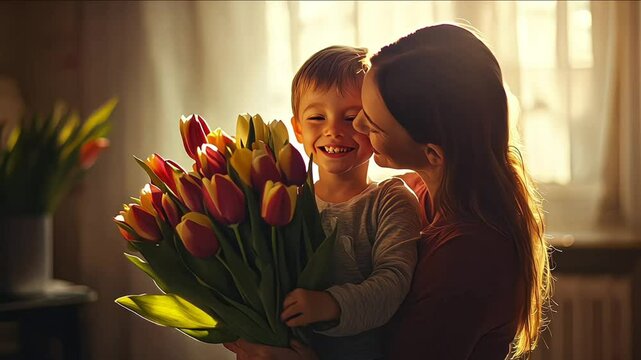 tender son kisses the happy mother and gives her a bouquet of tulips, congratulating her on mother's day