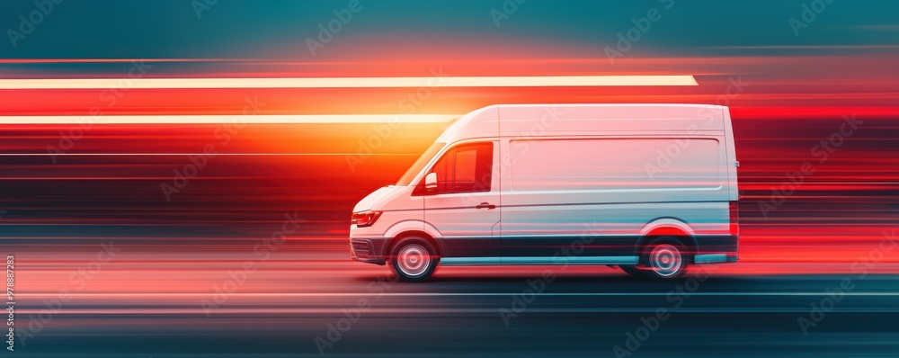 Poster a fast-moving delivery van on a blurred road, showcasing speed and efficiency in urban logistics.
