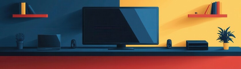 Big screen TV flat design top view Black Friday theme cartoon drawing Split-complementary color scheme