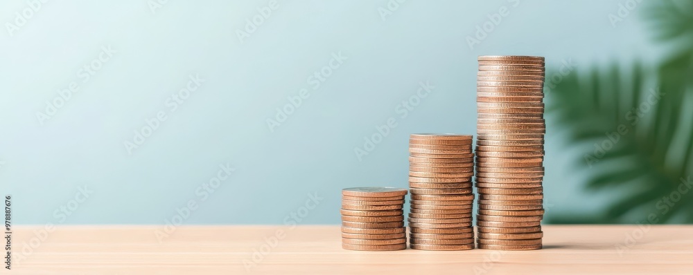 Poster stacked coins representing financial growth and savings on a wooden table with a soft blue backgroun