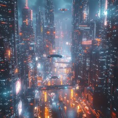 Fototapeta premium Futuristic Cityscape with Flying Cars and Neon Lights