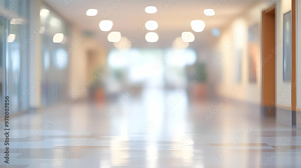 Poster abstract blurred background of a modern hallway with bright lighting and smooth floor tiles