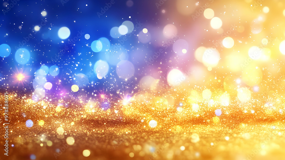 Aufkleber abstract golden glitter background with blue and yellow bokeh lights - a festive and sparkling digit