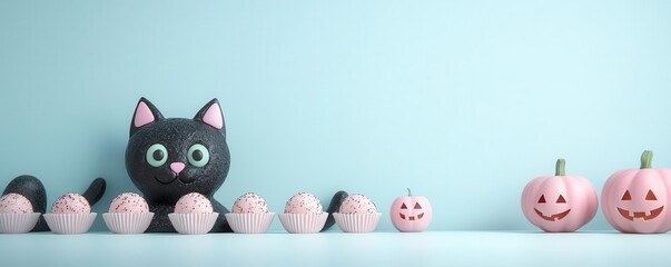 Black cat truffle assortment, Halloween sweets, 3D illustration