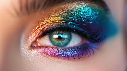 Fototapeta premium Female eye with bright makeup at close range
