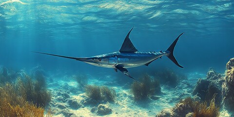 Majestic Swordfish Swimming in Clear Blue Ocean Waters Under Sunlight