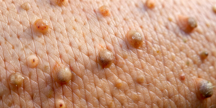 Close up of human skin with visible warts caused by HPV infection, HPV