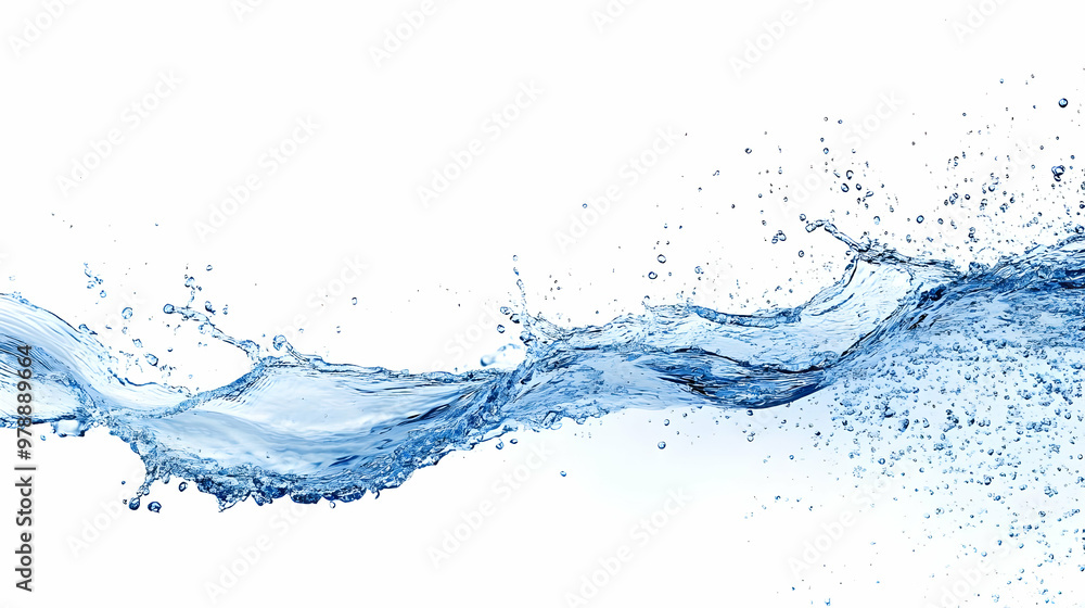 Poster water splashing and forming a wave with bubbles on a white background