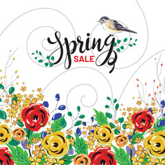 Spring sale template or poster design with stylish of Spring on colorful flowers decorated background.